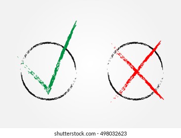 Yes and No round check marks. Grunge. Isolated elements.