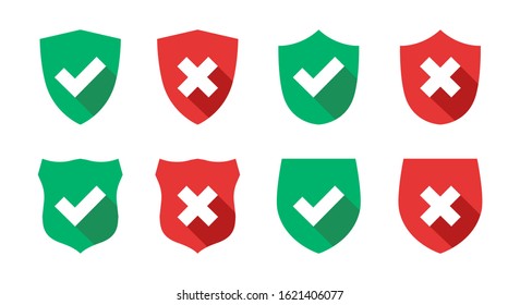 Yes no shields. Green tick and red cross shields collection, trust security protection technology shield shape icons for protective, insurance and reliability projects marks, vector illustration