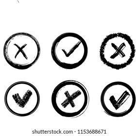 YES and NO signs, dry brush paint strokes. Tick and cross vector symbols