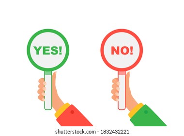 Yes and no signs. Hands hold signboard yes and no. Concept of choice, voting, and dilemma.