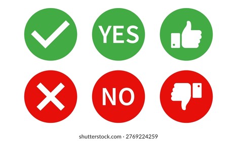 Yes and No signs. Thumbs up and Thumbs down. Check mark and cross mark symbols. Signs in green and red colored. Confirmation mark