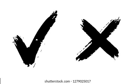 Yes, No simbols. Hand drawn vectorized brush texture icons, True or faulse, right or wrong, agree or disagree Vector objects