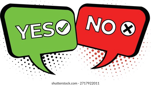 Yes and No Speech Bubble Clipart, Green Checkmark and Red X Comic Style Icons