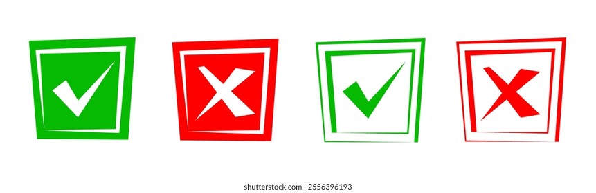 Yes or no symbol, approved or rejected icon for user interface. Green check mark and red cross. Correct or incorrect icons.