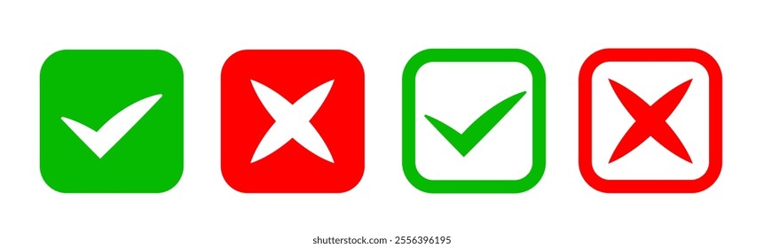 Yes or no symbol, approved or rejected icon for user interface. Green check mark and red cross. Correct or incorrect icons.