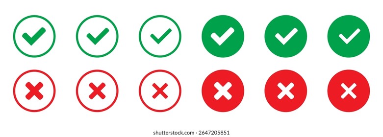 Yes or no symbol, approved or rejected icon. Right or wrong icons. Green tick and red cross checkmarks in circle flat icons for user interface.