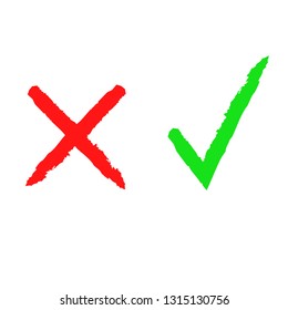 Yes and no symbol. Green check mark and red cross against white background. Vector illustation. Checklist mark. Tick icon set