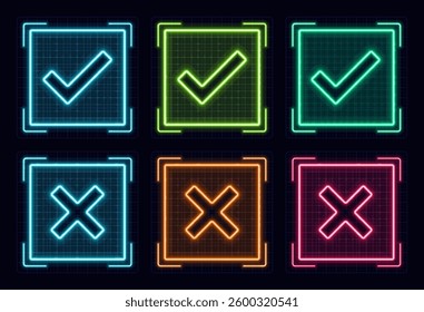 Yes and no symbol set, cyber neon visual, glowing border grid vector.	