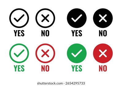 Yes and no symbols with check marks and cross icons in black, green, and red circular designs, indicating approval, rejection, confirmation, or denial