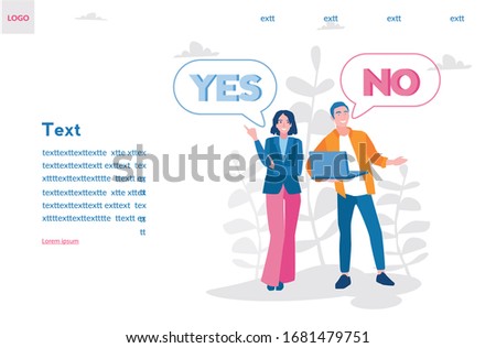 Yes No in talk bubble man and woman. Test question. Review feedback. Vector illustration. Customer choice.dispute, opposition choice, dilemma or opponent view. . 