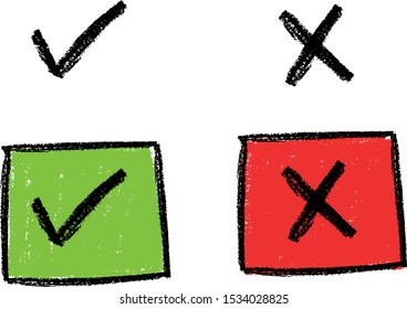 Yes no tick cross box signs vote test answer hand-drawn crayon texture