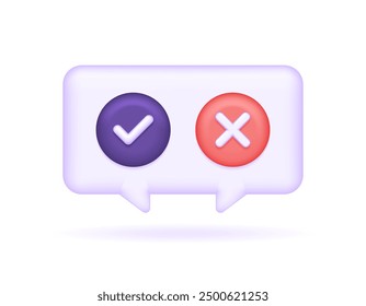 yes or no. true or false. accepted or rejected. response, feedback, or answer. illustration of chat symbol with check mark and cross. symbol or icon. minimalist 3d style design. graphic element