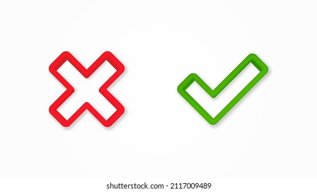 Yes And No, True, False, Check Mark Realistic Icon. 3d Vector Illustration. Isolated Line Color Pictogram. Transparent Shadows