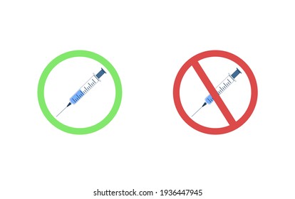 Yes or no vaccination. Syringe in green and red circles on white background. Vector cartoon illustration. Health, care, coronavirus. Vector 8 eps