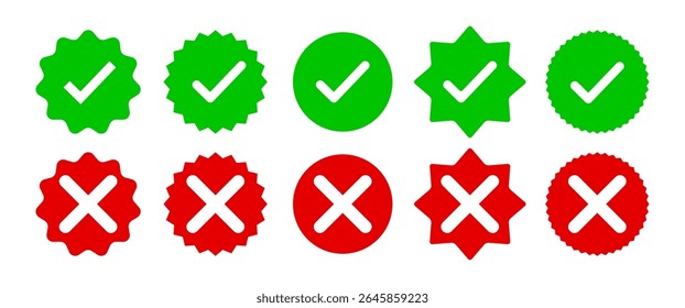 Yes and No vector icon set, Isolated Check Mark symbol, Check, Tick and Vote graphic elements design in Flat design, Green and Red Check Box, Editable.