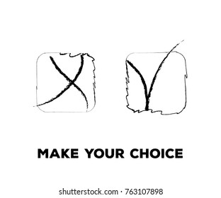 Yes and No Vector Set Square Frames, Isolated.  Hand Painted Check, Quizz, Voting Symbol Design. Right and Wrong, Good and Bad Query Choice Buttons. Tick and Cross as Yes and No Symbolic Marks.