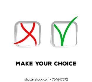 Yes and No Vector Set Square Frames, Isolated.  Hand Painted Check, Quizz, Voting Symbol Design. Ink Brush Rejection and Approval, Query Choice Icons.