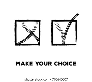 Yes and No Vector Set Square Frames, Isolated.  Hand Painted Election, Quizz, Voting, Test Symbols. Ink Brush Rejection and Approval, Query Choice Icons. Yes and No Tick and Cross Symbolic Marks.