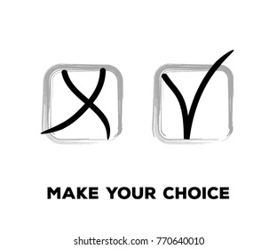 Yes and No Vector Set Square Frames, Isolated.  Hand Painted Election, Quizz, Voting, Test Symbols. Right and Wrong, Good and Bad Query Choice Buttons. Yes and No Tick and Cross Symbolic Marks.