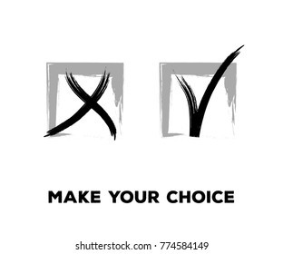 Yes and No Vector Set Square Frames, Isolated.  Hand Painted Check, Quizz, Voting Symbol Design. Ink Rejection and Acceptance, Query Choice Icons. Tick and Cross as Yes and No Symbolic Marks.