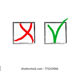 Yes and No Vector Set Square Frames, Isolated.  Hand Painted Election, Quizz, Voting, Test Symbols. Ink Rejection and Acceptance, Query Choice Icons. Yes and No Tick and Cross Symbolic Marks.