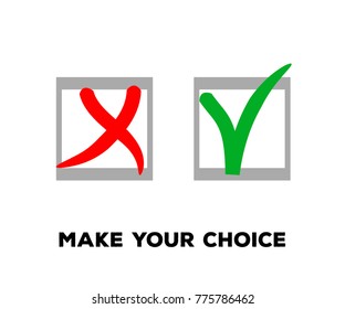 Yes and No Vector Set Square Frames, Isolated.  Hand Painted Check, Quizz, Voting Symbol Design. Ink Right and Wrong, Good and Bad Query Choice Icons. Tick and Cross as Yes and No Symbolic Marks.