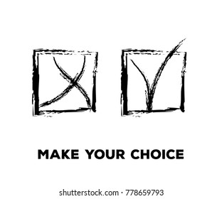 Yes and No Vector Set Square Frames, Isolated.  Hand Painted Check, Quizz, Voting Symbol Design. Right and Wrong, Good and Bad Query Choice Buttons. Tick and Cross as Yes and No Symbolic Marks.