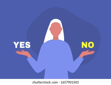 Yes or no, young female character answering a question, digital template, alternatives