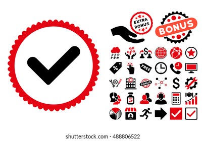 Yes pictograph with bonus pictograph collection. Vector illustration style is flat iconic bicolor symbols, intensive red and black colors, white background.