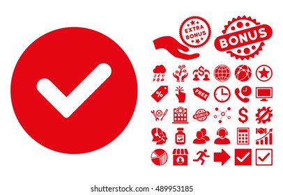 Yes pictograph with bonus pictograph collection. Vector illustration style is flat iconic symbols, red color, white background.
