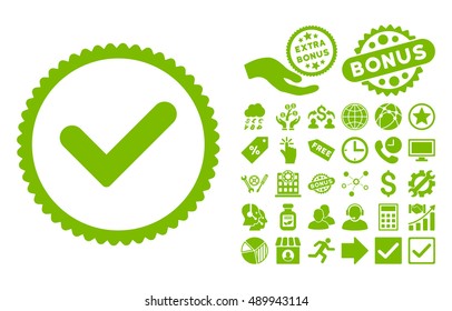 Yes pictograph with bonus pictogram. Vector illustration style is flat iconic symbols, eco green color, white background.