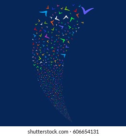 Yes random fireworks stream. Vector illustration style is flat bright multicolored iconic symbols on a blue background. Object fountain made from scattered pictograms.