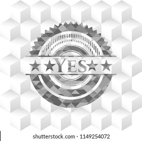 Yes retro style grey emblem with geometric cube white background