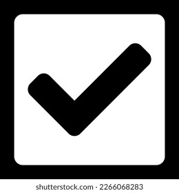 Yes or Right or Approved Accepted Icon Sign with Checkmark Tick in Black Square. Vector Image.