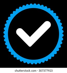 Yes round stamp icon. This flat vector symbol is drawn with blue and white colors on a black background.