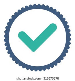 Yes round stamp icon. This flat vector symbol is drawn with cobalt and cyan colors on a white background.