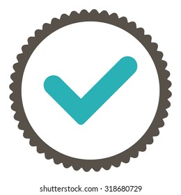 Yes round stamp icon. This flat vector symbol is drawn with grey and cyan colors on a white background.