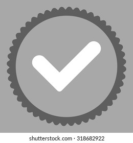 Yes round stamp icon. This flat vector symbol is drawn with dark gray and white colors on a silver background.