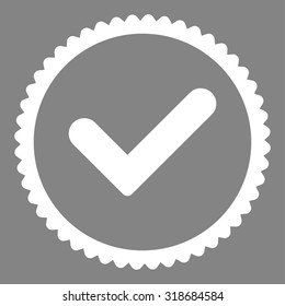 Yes round stamp icon. This flat vector symbol is drawn with white color on a gray background.