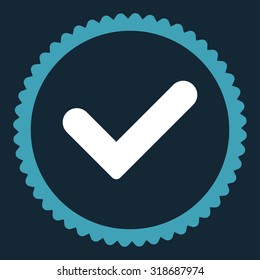 Yes round stamp icon. This flat vector symbol is drawn with blue and white colors on a dark blue background.