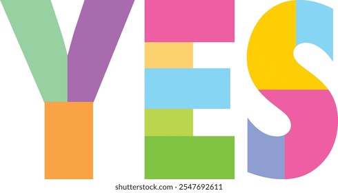 yes script text lettering pastel color,yes words vector illustration, isolated on white background.