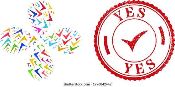 Yes sign colorful centrifugal motion, and red round YES rough stamp seal. Yes sign symbol inside round stamp seal. Element centrifugal explosion organized from random yes sign symbols.