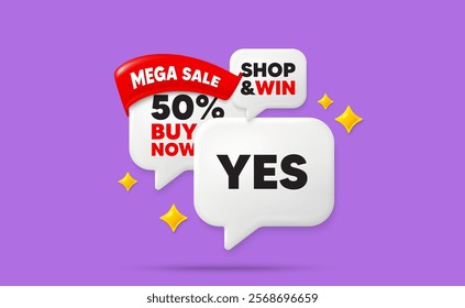 Yes speech bubbles. Mega sale flag ribbon. Yes text tag. Approved ok message. Done or Good deal symbol. Discount chat bubbles with 3d sparkles. Vector