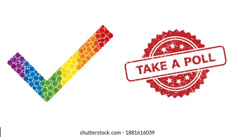 Yes tick collage icon of round items in variable sizes and LGBT colored color tints, and Take a Poll dirty rosette stamp. A dotted LGBT-colored Yes tick for lesbians, gays, transgenders,