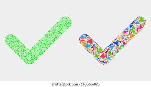 Yes tick mosaic icon of triangle items which have variable sizes and shapes and colors. Geometric abstract vector illustration of yes tick.