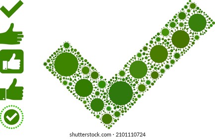 Yes tick mosaic icon. Vector mosaic is created with randomized bacterium icons. Virulent collage yes tick icon, and additional icons. Yes tick mosaic for isolation images.