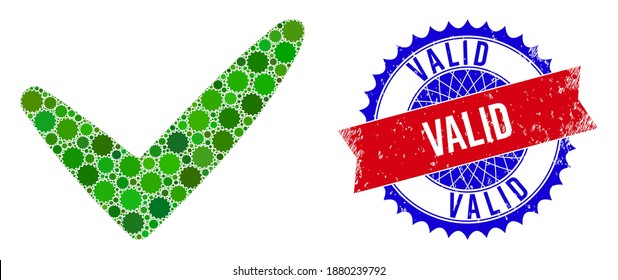 Yes vector collage of sharp rosettes and VALID rubber seal. Bicolor VALID stamp seal uses rosette shape, red and blue colors. Rosettes are combined into yes vector illustration.
