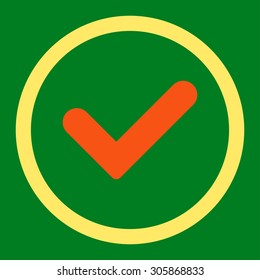 Yes vector icon. This rounded flat symbol is drawn with orange and yellow colors on a green background.