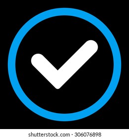 Yes vector icon. This rounded flat symbol is drawn with blue and white colors on a black background.