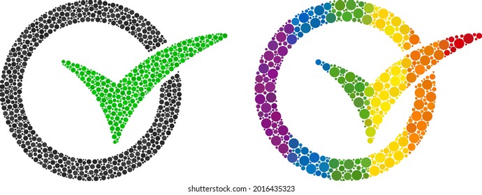 Yes vote composition icon of round dots in various sizes and rainbow multicolored color hues. A dotted LGBT-colored yes vote for lesbians, gays, bisexuals, and transgenders.